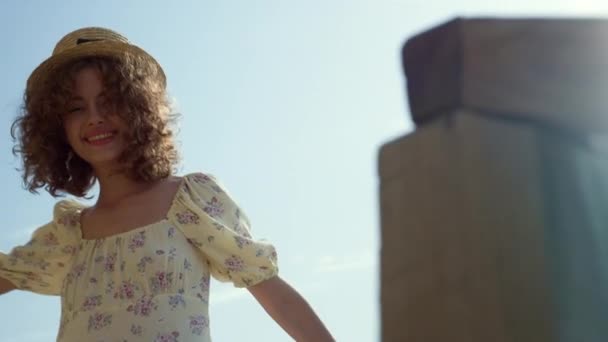 Positive Curly Girl Smiling Front Cloudless Blue Sky Lightened Summer — Wideo stockowe