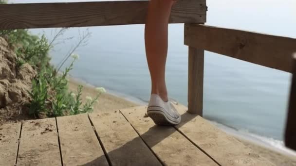 Unknown Woman Feet Standing Wooden Stairs Platform Beach Sunny Day — Stockvideo