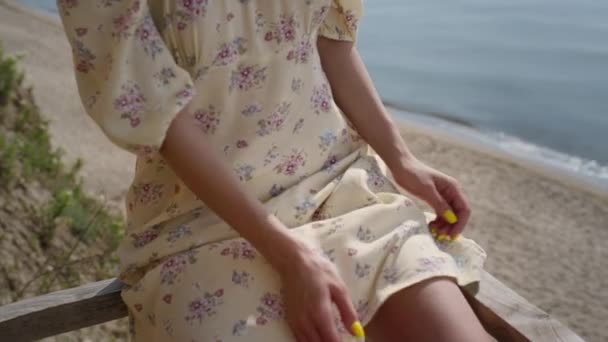 Adorable Young Woman Relax Sunny Beach Wearing Yellow Flowery Dress — Stock Video