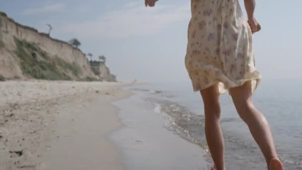 Cute Girl Running Wet Shore Summer Weekend Slow Motion Unrecognizable — Stock videók