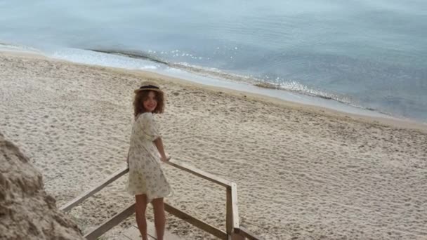 Elegant Young Lady Standing Wooden Stairs Platform Watching Beach Beauty — Stockvideo