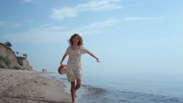 Happy Cheerful Girl Jumping Water Sandy Beach Summer Day Attractive — Stock videók