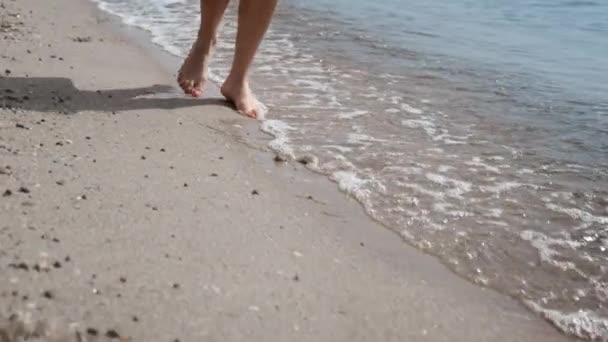 Κοντινό Πλάνο Όμορφη Γυναίκα Πόδια Περπάτημα Υγρή Άμμο Κοντά Ήρεμα — Αρχείο Βίντεο