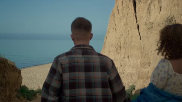 Young Couple Going Coast Sandy Beach Beautiful Happy Woman Adoringly — Wideo stockowe