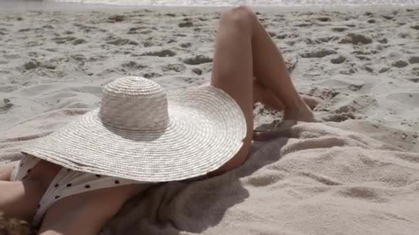 Wide Straw Brimmed Hat Covering Tanned Body Gorgeous Woman Lying — Stock videók