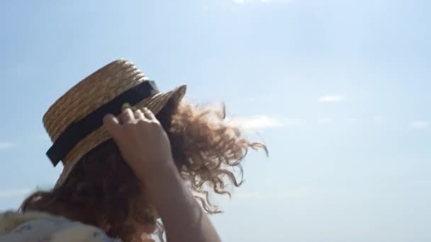 Happy Playful Girl Jumping Sea Water Wearing Straw Hat Summer — 图库视频影像