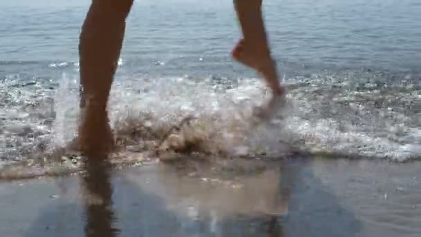 Unknown Active Woman Jumping Sea Waves Lighted Sunlight Close Legs — Stockvideo