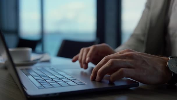 Businessman Hands Using Computer Touchpad Ocean View Office Unknown Expert — Vídeos de Stock