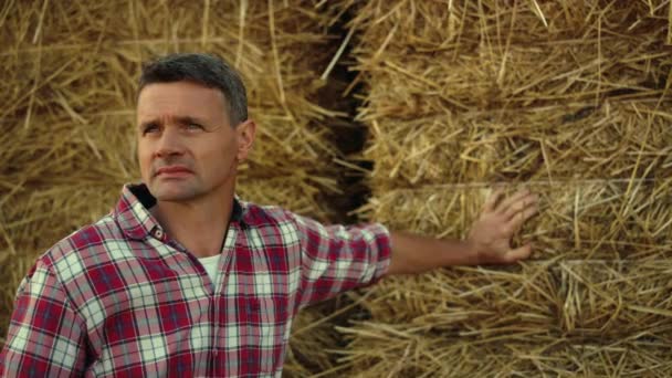 Portrait Farmer Inspect Field Autumn Focused Farmland Worker Lean Hay — Stockvideo