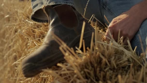 Closeup Farmer Dusty Boot Hay Stack Closeup Field Worker Resting — Vídeo de Stock