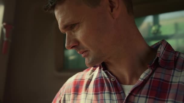 Tractor Driver Checking Harvester Cabin Closeup Focused Farmer Working Grain — Stock videók