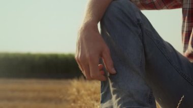 Kırsal kesimde insan bacağı balyaları. Bilinmeyen çiftçi güneş ışığında saman rulosunu dinlendiriyor. Tanınmayan tarımcı, biçilen sakalları inceliyor. Gün batımında tarım işçisi kol botu.