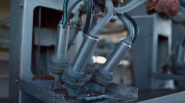 Cow milking device checking procedure on dairy machinery manufacture closeup. Mechanical milk system production inspecting professional farmer hand on barn factory. Agricultural producing concept.
