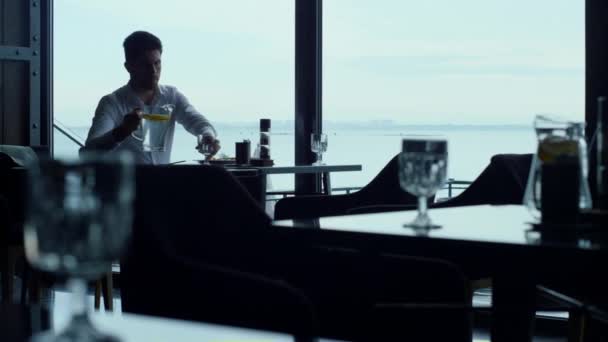 Handsome Guy Resting Sea View Hotel Lounge Cafe Alone Attractive — Αρχείο Βίντεο