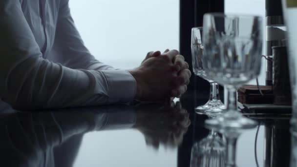 Closeup Man Hands Clasping Together Glass Table Modern Panoramic Restaurant — 비디오