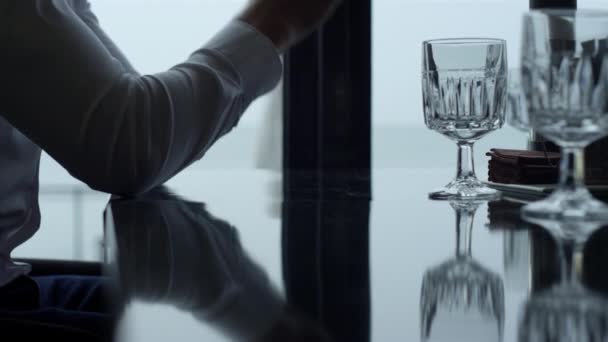 Businessman Hands Laying Served Glass Table Luxury Restaurant Closeup Unrecognizable — Wideo stockowe