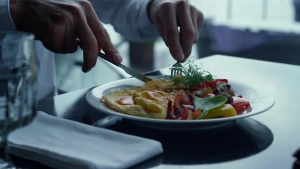 Невпізнаваний Чоловік Елегантно Подавав Смачну Обідню Їжу Стильному Ресторані Бізнесмен — стокове відео
