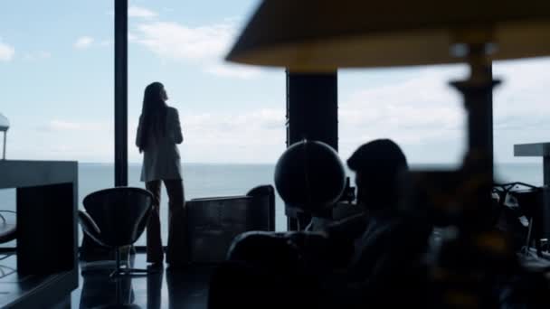 Silhouette Businesswoman Enjoying Sea Panorama Back View Unknown Woman Entrepreneur — Video