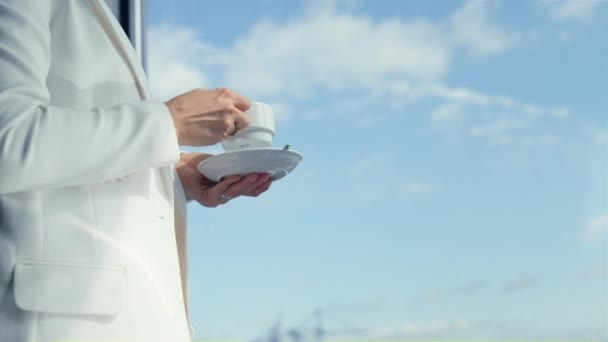 Dreamy Woman Hands Drinking Tea Closeup Portrait Rich Businesswoman Enjoying — стоковое видео