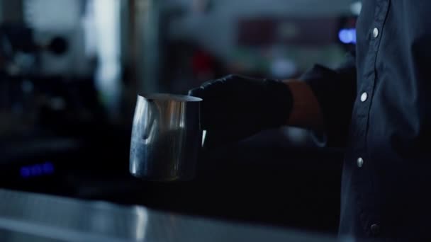 Barman Arms Preparing Coffee Closeup Anonymous Professional Barista Putting Milk — стоковое видео