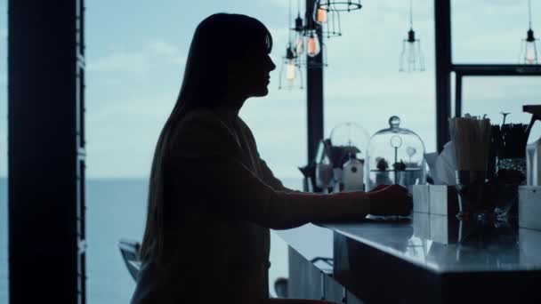 Lonely Businesswoman Silhouette Thinking Ocean View Cafe Unknown Troubled Woman — Video Stock
