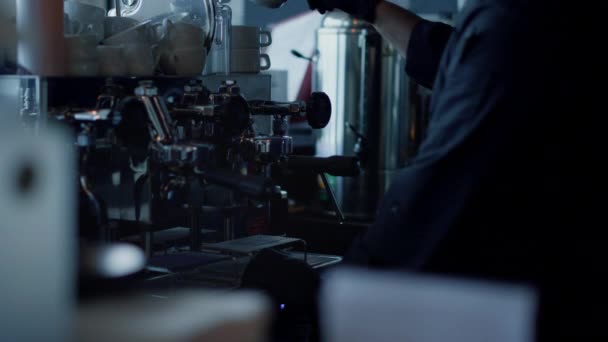 Barista Hands Making Coffee Cup Closeup Unrecognizable Professional Bartender Doing — Stock videók