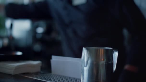 Barista Hands Serving Coffee Client Closeup Unrecognized Professional Barman Arms — Stockvideo