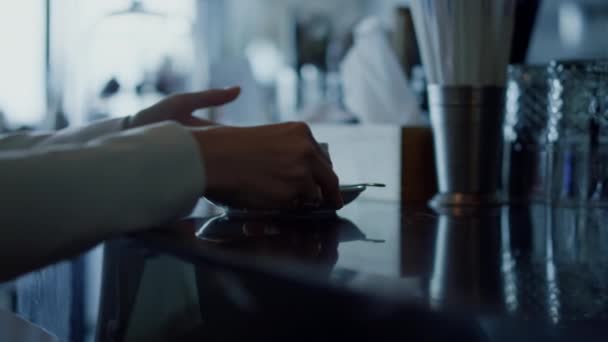 Businesswoman Hands Holding Coffee Cup Closeup Relaxed Woman Silhouette Enjoy — Vídeos de Stock