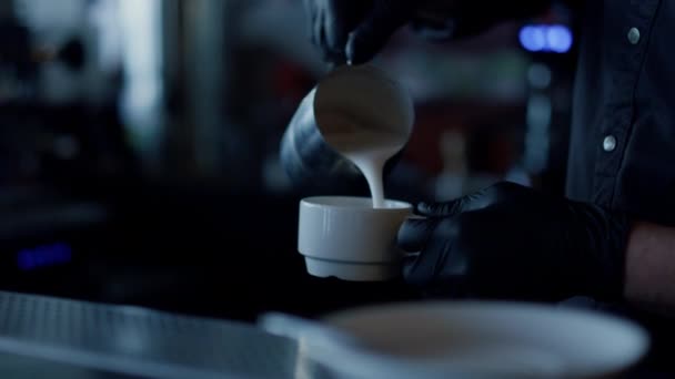 Man Hands Adding Cream Coffee Closeup Anonymous Professional Bartender Making — Stockvideo