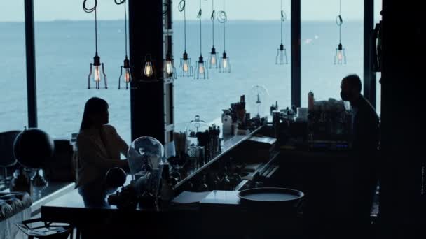 Depressed Woman Silhouette Ordering Cocktail Ocean View Tired Unknown Businesswoman — Vídeo de Stock