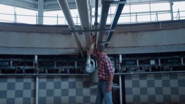 Farmer Checking Milking Platform Countryside Focused Man Engineer Inspecting Empty — Video Stock