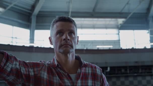 Farm Engineer Checking Milking Platform Closeup Focused Man Worker Inspecting — Stock Video