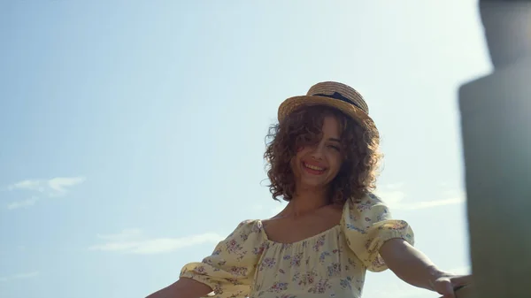 Positive Curly Girl Smiling Front Cloudless Blue Sky Lightened Summer — 图库照片