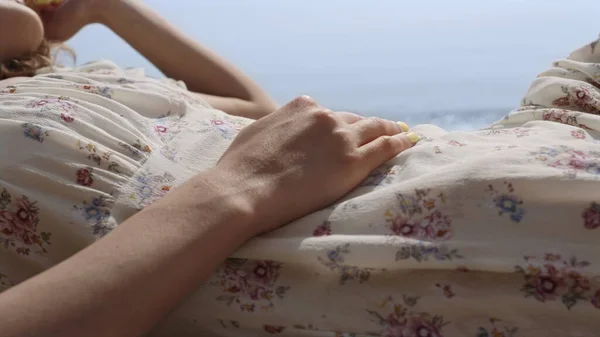 Tranquil Young Woman Napping Sunny Beach Covering Head Straw Hat — 图库照片