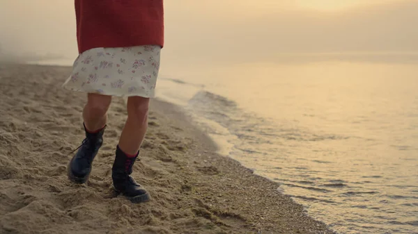 Fashionable Girl Boots Jumping Beach Closeup Young Woman Feet Turning — Zdjęcie stockowe