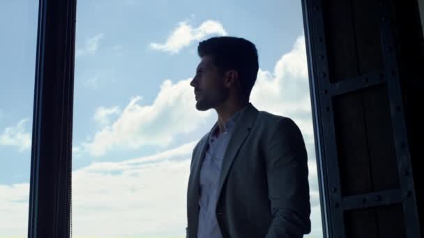 Ceo Man Director Thinking Panorama Window Closeup Serious Businessman Planning — Video