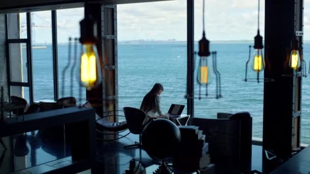 Thinking Businesswoman Working Laptop Office Interior Silhouette Woman Pondering Modern — Stock video