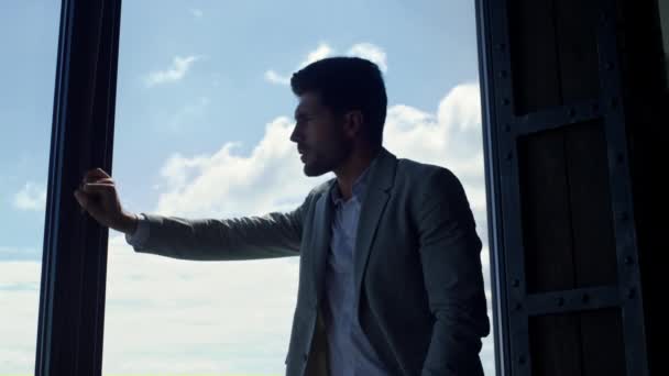 Pensive Businessman Leaning Panoramic Window Hard Day Upset Silhouette Employee — Wideo stockowe