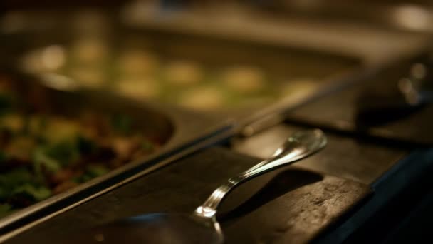 Silver Cutlery Served Organic Dinner Buffet Dark Hotel Restaurant Closeup — Stockvideo