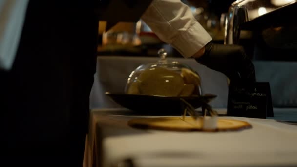 Unknown Waiter Serving Black Restaurant Menu Tablets Closeup Gloved Hands — Stockvideo