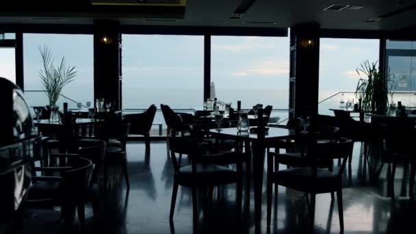 Spacious Panoramic Restaurant Hall Interior Evening Dusk Background Stylish Dark — Stockvideo
