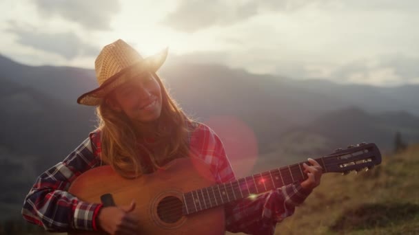 Smiling Music Player Perform Song Acoustic Guitar Close Happy Woman — Wideo stockowe
