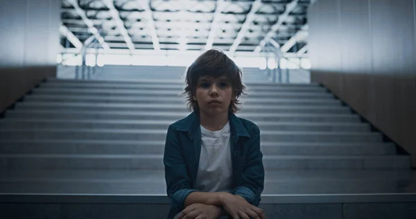 Stressed Schoolboy Stay Alone Dark Stairway Close Depressed Unhappy Boy — Stock Photo, Image