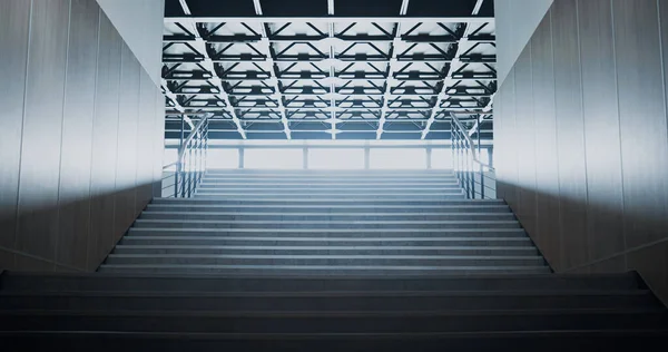 Geräumiges Modernes Treppenhaus Mit Stahlgeländern Breite Schultreppe Mit Notausgang Und — Stockfoto