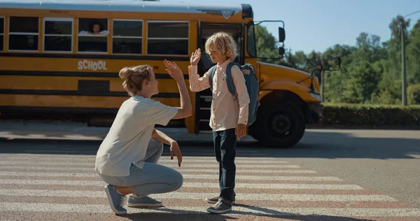 Loving Mom Give High Five Son Pupil Schoolboy Saying Goodbye — Stock Photo, Image