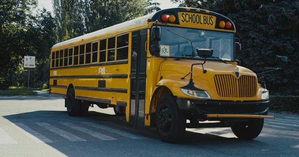 Ônibus Escolar Amarelo Vazio Estacionamento Cercou Dia Ensolarado Vegetação Exterior — Fotografia de Stock