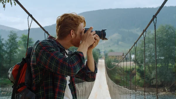 Closeup Hipster Photographing Mountains Landscape Bridge Hiker Take Photo Using — Stock Fotó