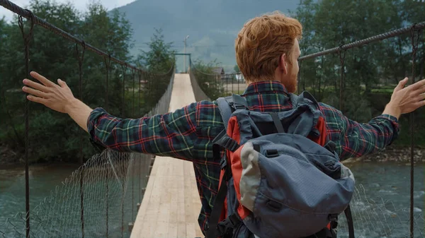 Backpacker Walk Bridge Mountains River Ginger Tourist Enjoy Hiking Holiday — Stock Fotó