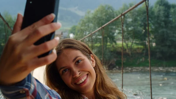 Woman Tourist Taking Selfie Using Mobile Phone Mountains Nature Close — Stock Fotó