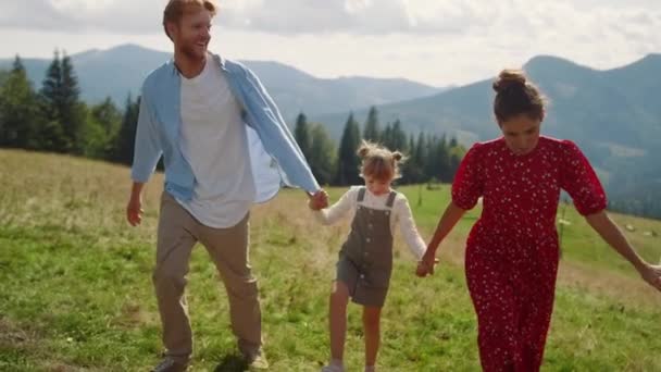 Friendly Family Spending Summer Holiday Together Mountains Positive Couple Children — Wideo stockowe